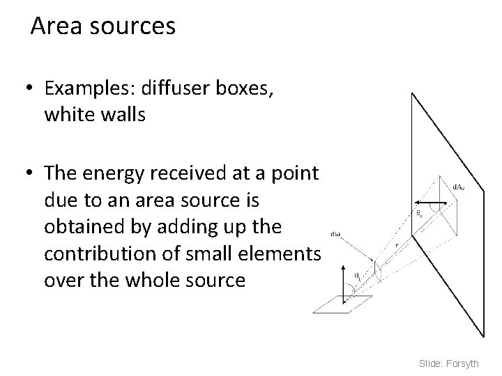 Area sources • Examples: diffuser boxes, white walls • The energy received at a Area sources • Examples: diffuser boxes, white walls • The energy received at a