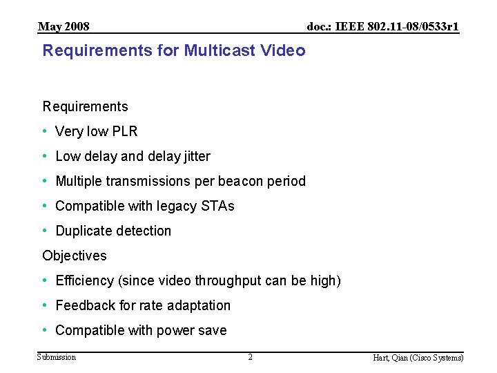 May 2008 doc. : IEEE 802. 11 -08/0533 r 1 Requirements for Multicast Video