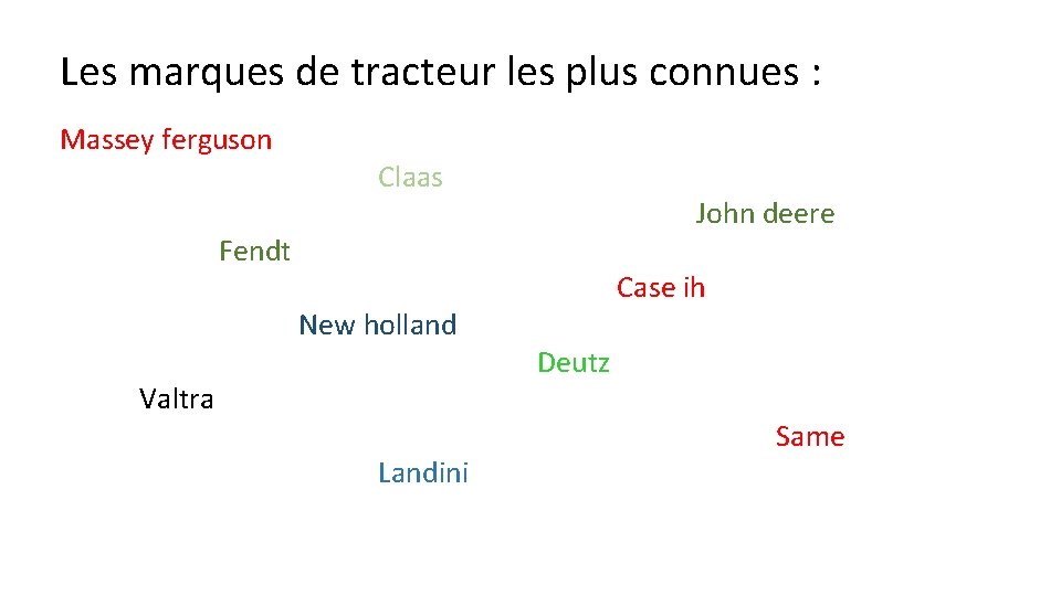 Les marques de tracteur les plus connues : Massey ferguson Claas John deere Fendt