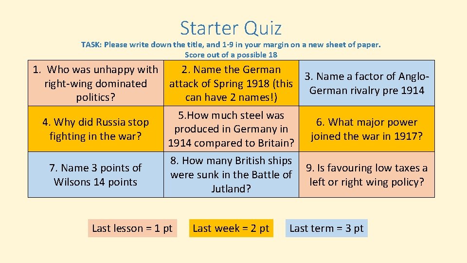 Starter Quiz TASK: Please write down the title, and 1 -9 in your margin