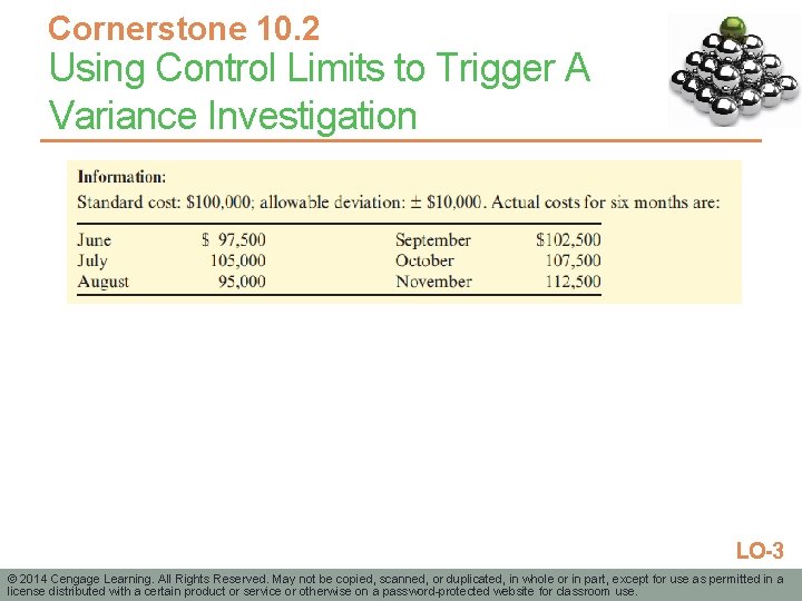 Cornerstone 10. 2 Using Control Limits to Trigger A Variance Investigation LO-3 © 2014