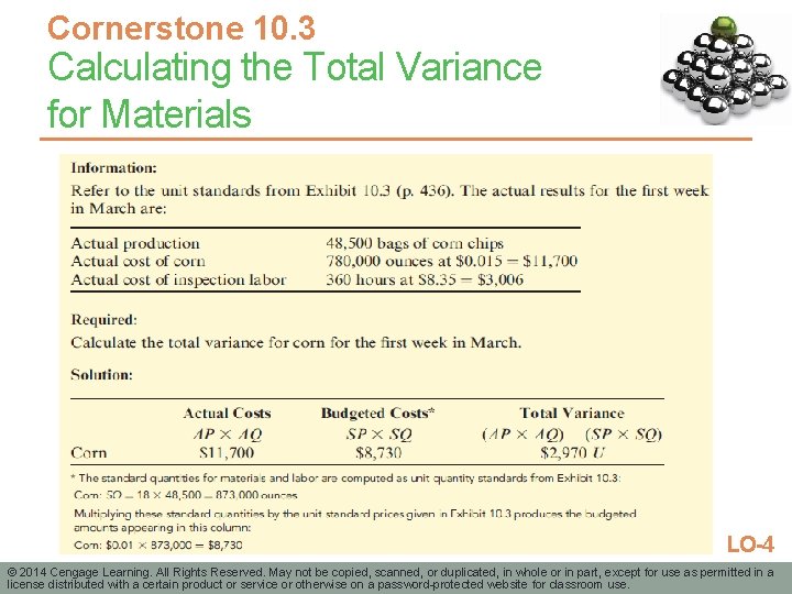 Cornerstone 10. 3 Calculating the Total Variance for Materials LO-4 © 2014 Cengage Learning.