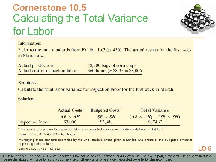 Cornerstone 10. 5 Calculating the Total Variance for Labor LO-5 © 2014 Cengage Learning.