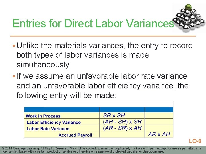 Entries for Direct Labor Variances § Unlike the materials variances, the entry to record