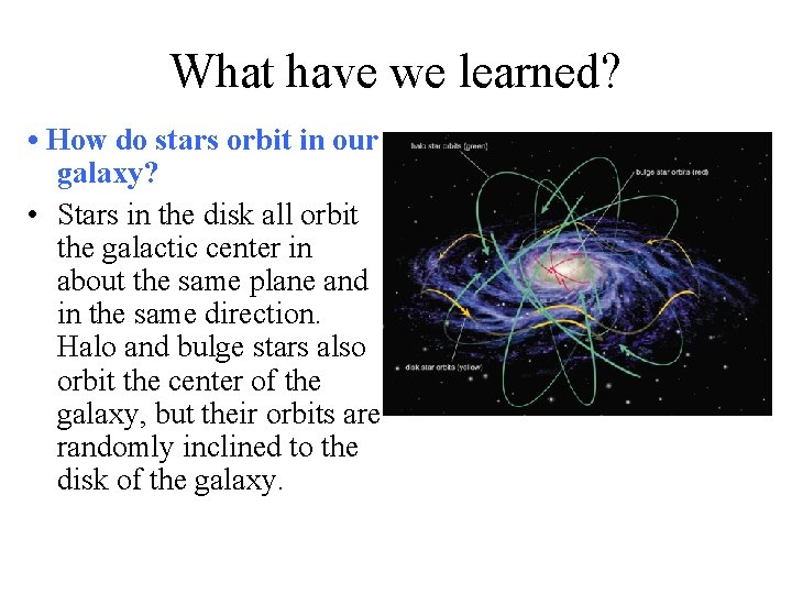 What have we learned? • How do stars orbit in our galaxy? • Stars