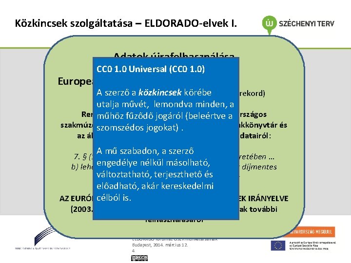 Közkincsek szolgáltatása – ELDORADO-elvek I. Adatok újrafelhasználása CC 0 1. 0 Universal (CC 0