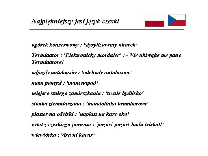 Najpiękniejszy jest język czeski ogórek konserwowy : 'styrylizowany uhorek‘ Terminator : 'Elektronicky mordulec' :