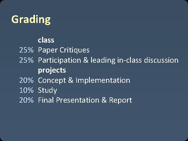 Grading 25% 20% 10% 20% class Paper Critiques Participation & leading in-class discussion projects