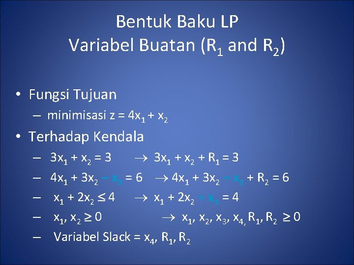 Bentuk Baku LP Variabel Buatan (R 1 and R 2) • Fungsi Tujuan –