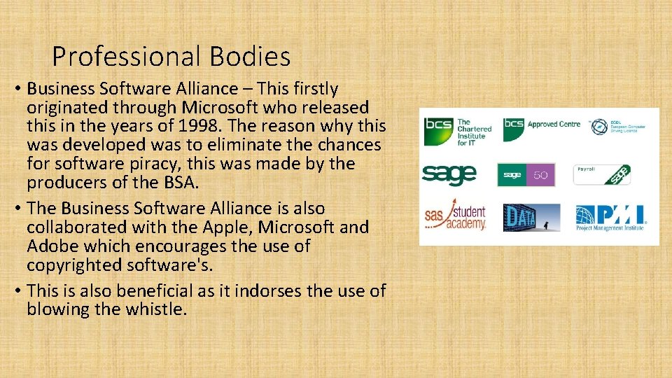 Professional Bodies • Business Software Alliance – This firstly originated through Microsoft who released