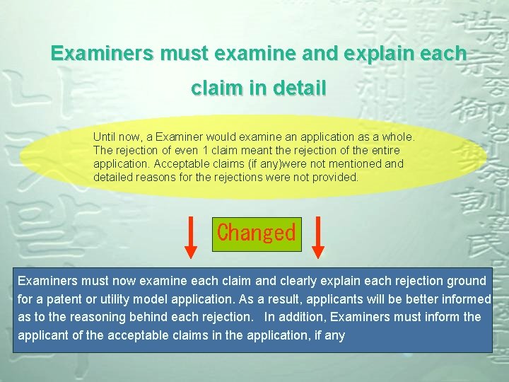 Examiners must examine and explain each claim in detail Until now, a Examiner would Examiners must examine and explain each claim in detail Until now, a Examiner would