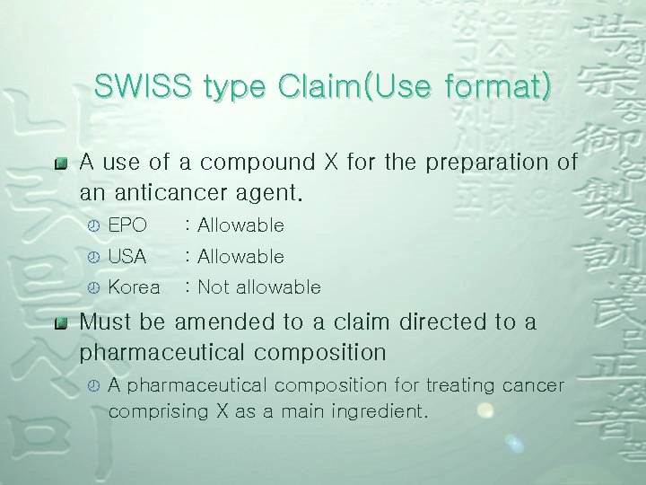 SWISS type Claim(Use format) A use of a compound X for the preparation of SWISS type Claim(Use format) A use of a compound X for the preparation of