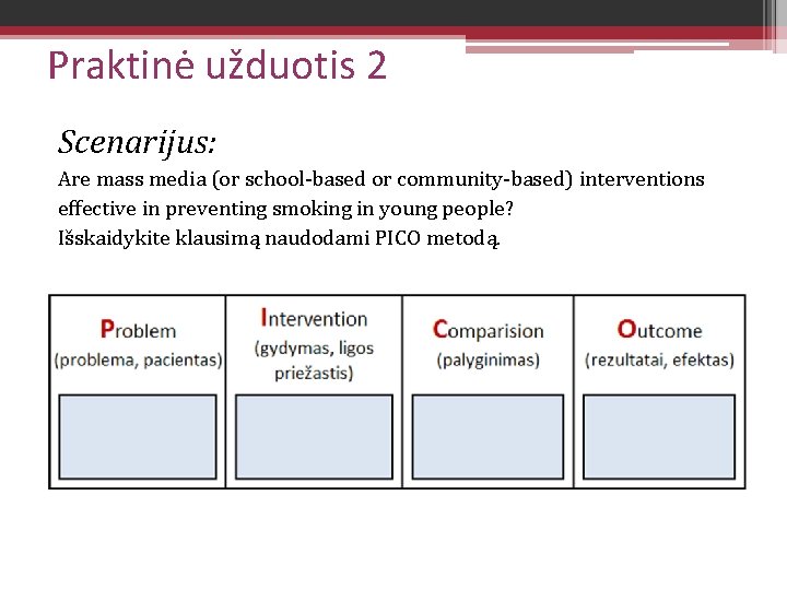 Praktinė užduotis 2 Scenarijus: Are mass media (or school-based or community-based) interventions effective in