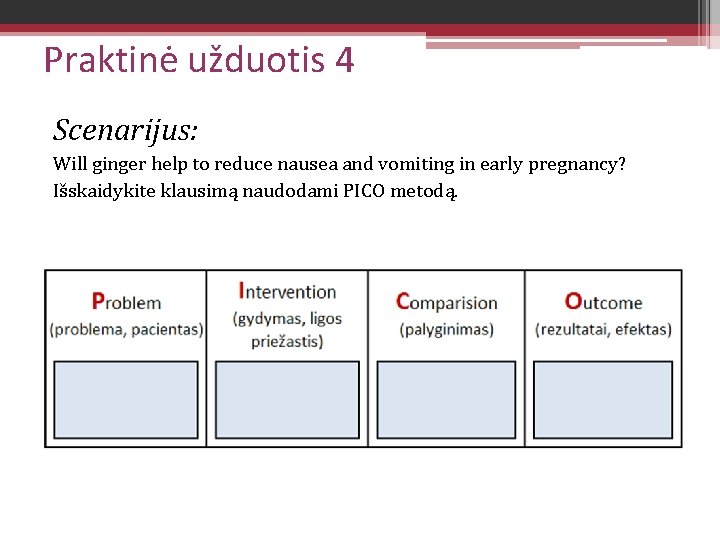 Praktinė užduotis 4 Scenarijus: Will ginger help to reduce nausea and vomiting in early