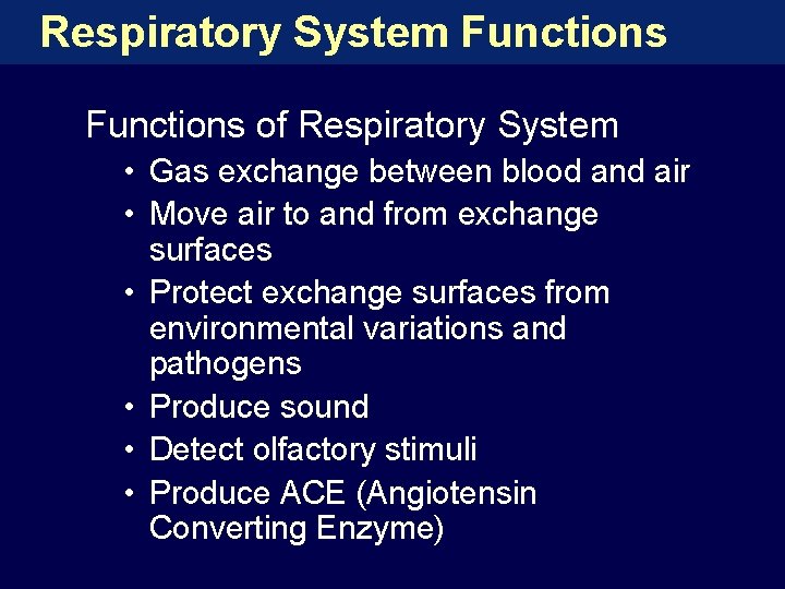 Respiratory System Functions of Respiratory System • Gas exchange between blood and air •