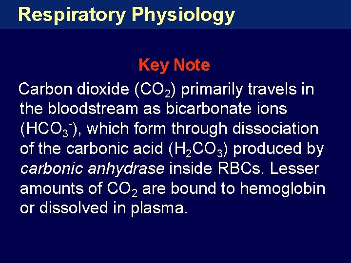 Respiratory Physiology Key Note Carbon dioxide (CO 2) primarily travels in the bloodstream as