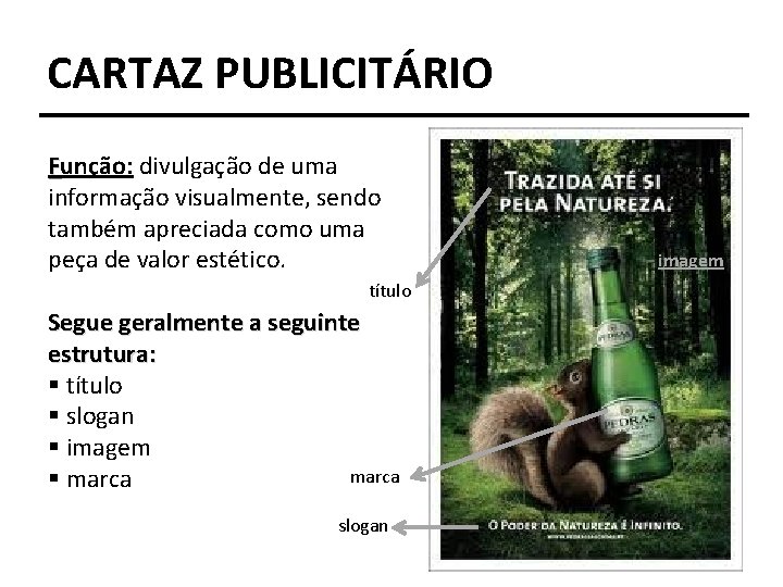 CARTAZ PUBLICITÁRIO Função: divulgação de uma informação visualmente, sendo também apreciada como uma peça