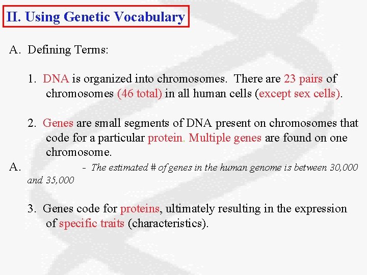 II. Using Genetic Vocabulary A. Defining Terms: 1. DNA is organized into chromosomes. There