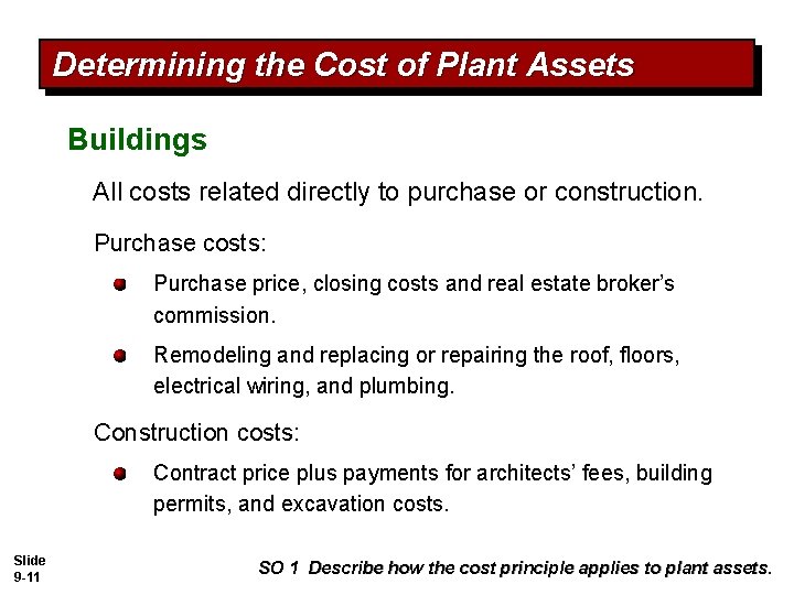 Determining the Cost of Plant Assets Buildings All costs related directly to purchase or