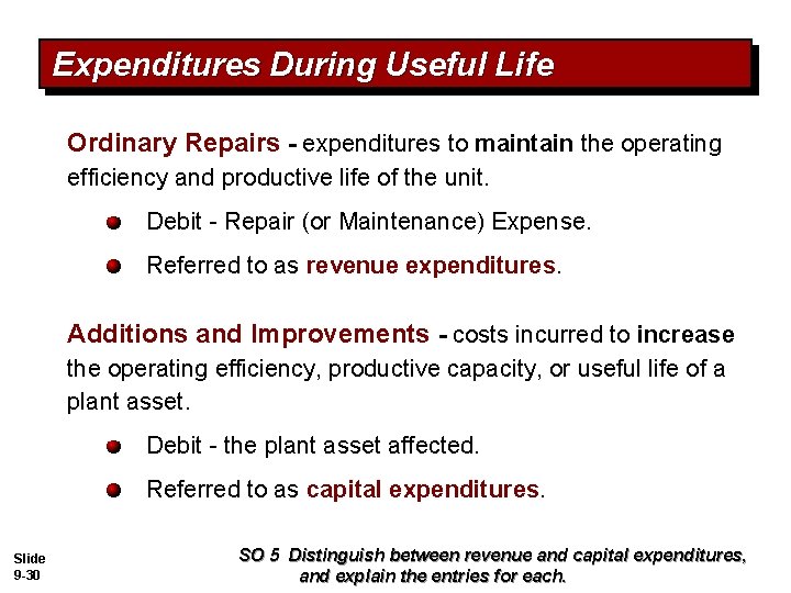 Expenditures During Useful Life Ordinary Repairs - expenditures to maintain the operating efficiency and