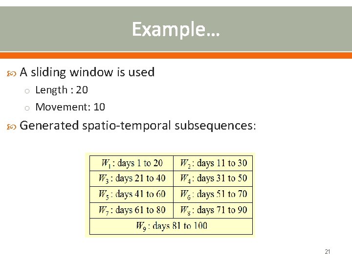 Example… A sliding window is used o Length : 20 o Movement: 10 Generated