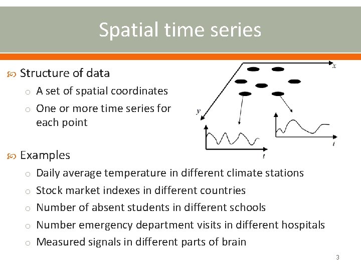 Spatial time series Structure of data o A set of spatial coordinates o One