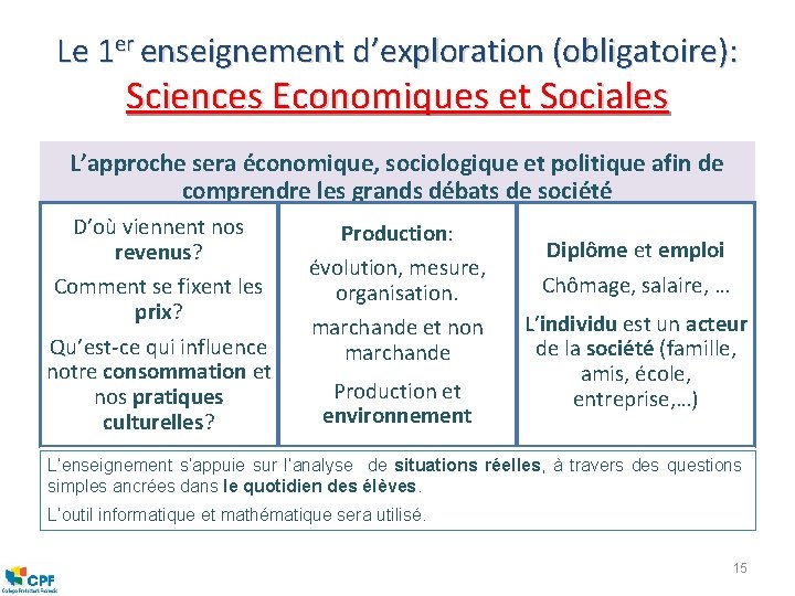 Le 1 er enseignement d’exploration (obligatoire): Sciences Economiques et Sociales L’approche sera économique, sociologique