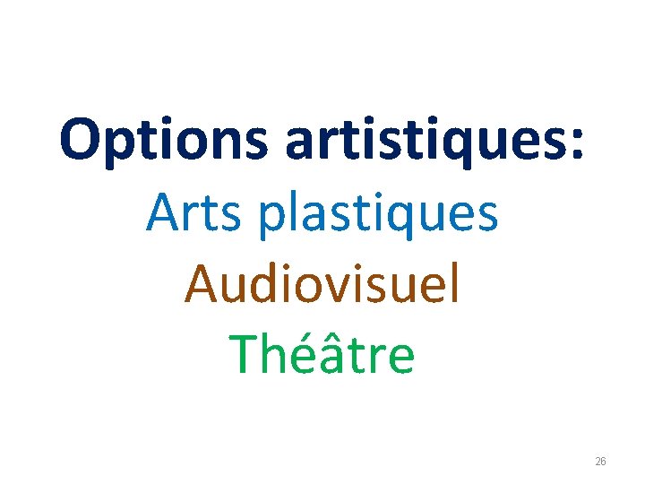 Options artistiques: Arts plastiques Audiovisuel Théâtre 26 