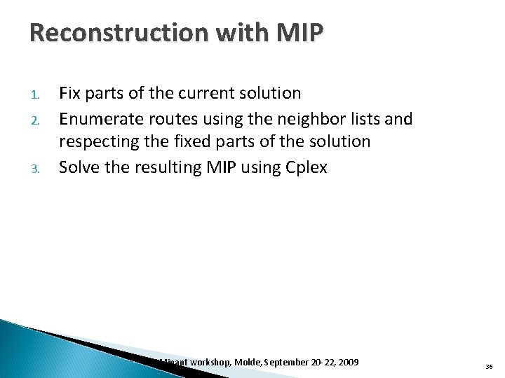 Reconstruction with MIP 1. 2. 3. Fix parts of the current solution Enumerate routes
