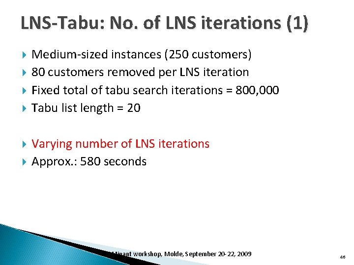 LNS-Tabu: No. of LNS iterations (1) Medium-sized instances (250 customers) 80 customers removed per