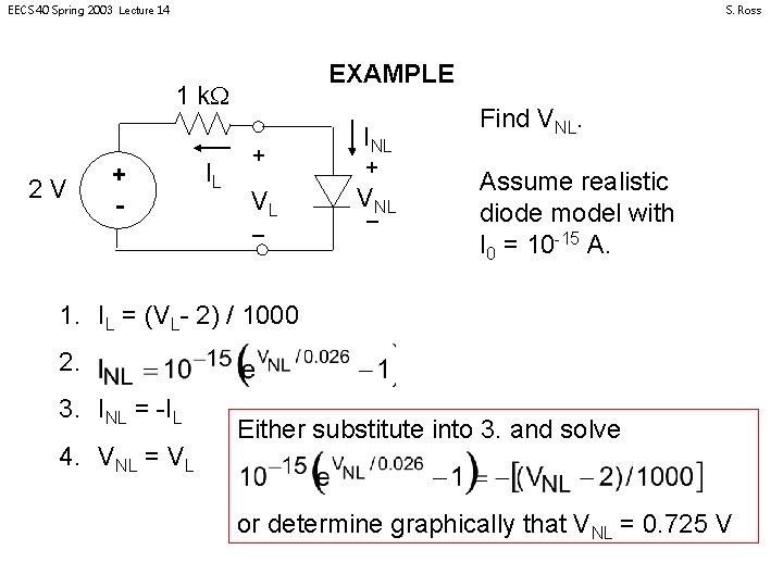 EECS 40 Spring 2003 Lecture 14 S. Ross EXAMPLE 1 k. W 2 V