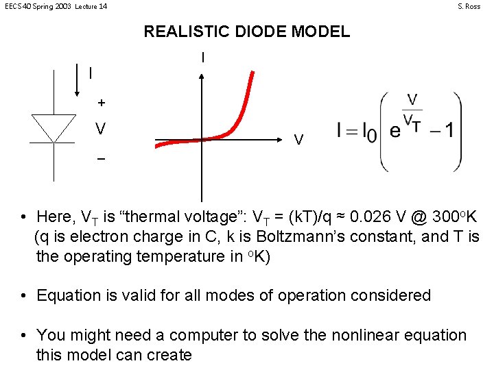 EECS 40 Spring 2003 Lecture 14 S. Ross REALISTIC DIODE MODEL I I +