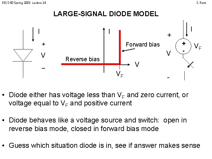 EECS 40 Spring 2003 Lecture 14 S. Ross LARGE-SIGNAL DIODE MODEL I I +