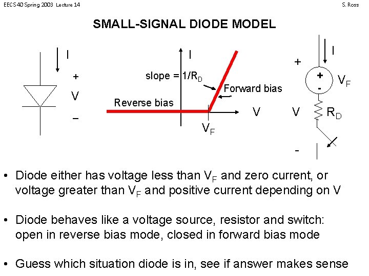 EECS 40 Spring 2003 Lecture 14 S. Ross SMALL-SIGNAL DIODE MODEL I I +