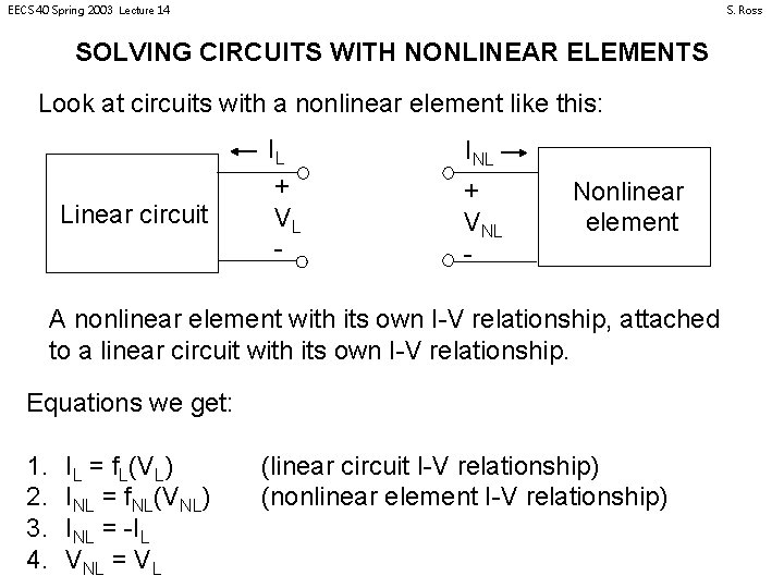 EECS 40 Spring 2003 Lecture 14 S. Ross SOLVING CIRCUITS WITH NONLINEAR ELEMENTS Look