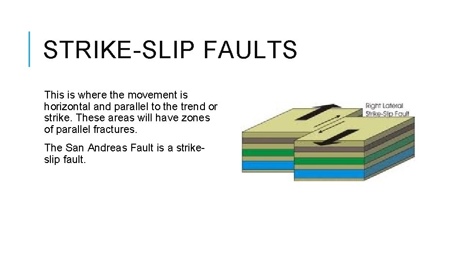 STRIKE-SLIP FAULTS This is where the movement is horizontal and parallel to the trend