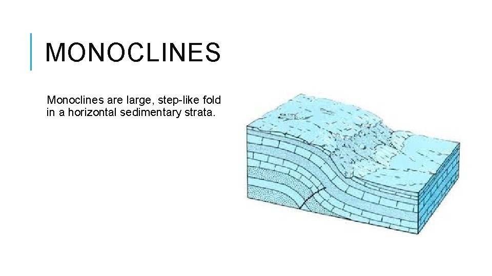 MONOCLINES Monoclines are large, step-like fold in a horizontal sedimentary strata. 