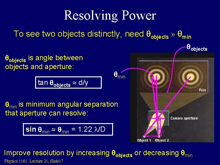 Resolving Power To see two objects distinctly, need qobjects » qmin qobjects is angle