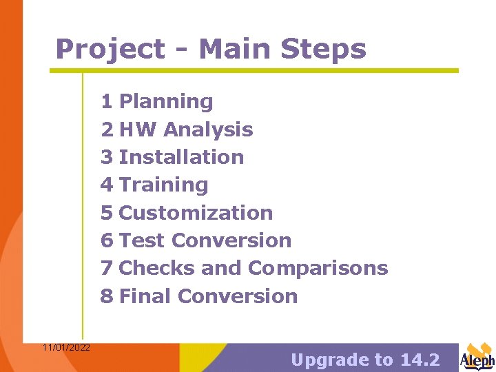 Project - Main Steps 1 Planning 2 HW Analysis 3 Installation 4 Training 5 Project - Main Steps 1 Planning 2 HW Analysis 3 Installation 4 Training 5
