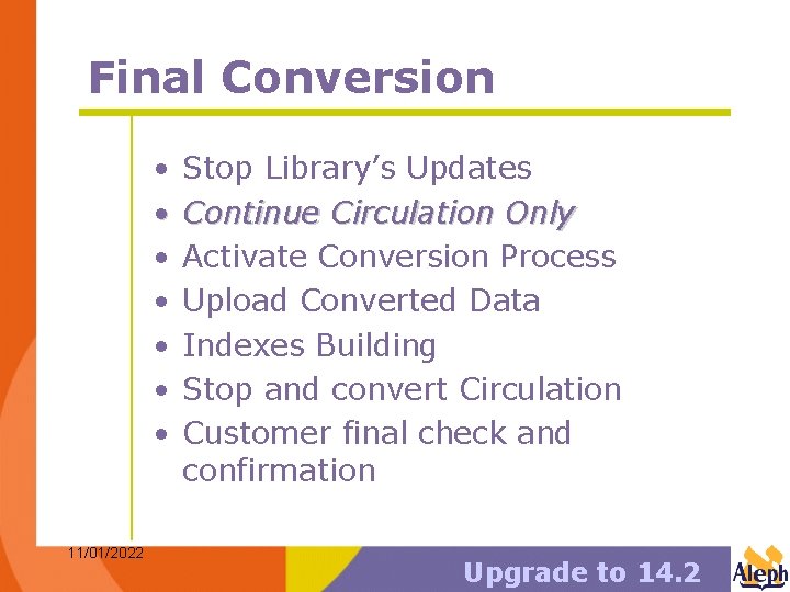 Final Conversion • • 11/01/2022 Stop Library’s Updates Continue Circulation Only Activate Conversion Process