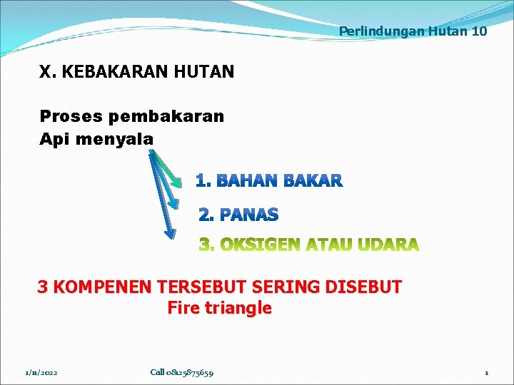 Perlindungan Hutan 10 X. KEBAKARAN HUTAN Proses pembakaran Api menyala 3 KOMPENEN TERSEBUT SERING