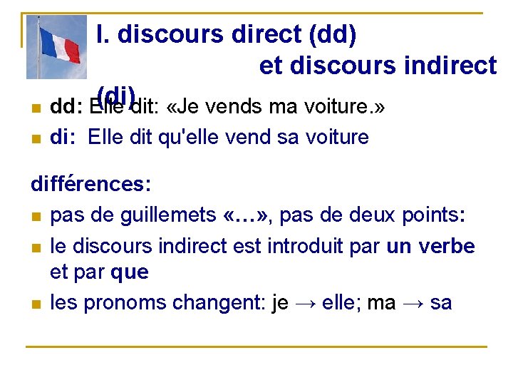 n I. discours direct (dd) et discours indirect (di)dit: «Je vends ma voiture. »