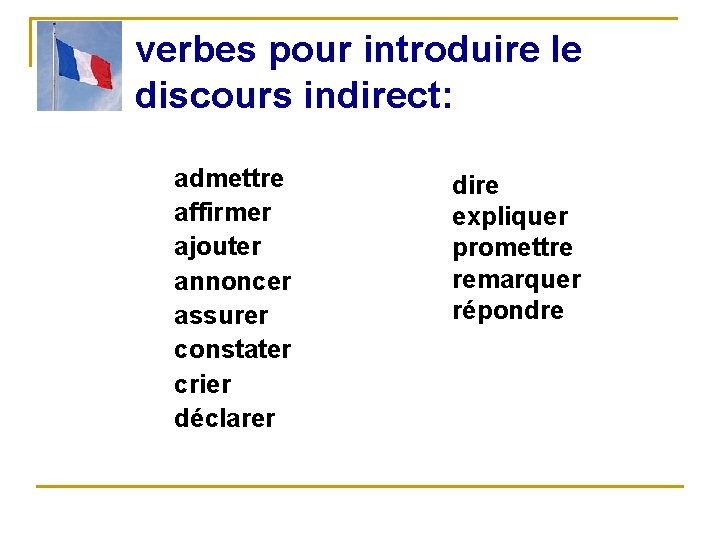 verbes pour introduire le discours indirect: admettre affirmer ajouter annoncer assurer constater crier déclarer