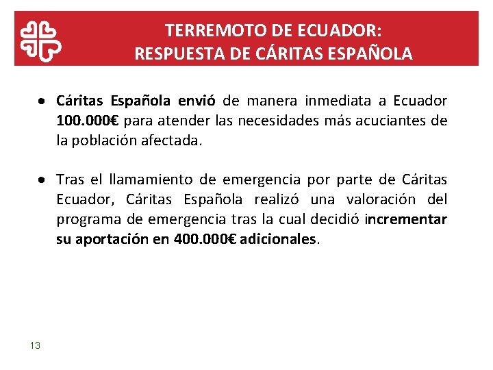 TERREMOTO DE ECUADOR: RESPUESTA DE CÁRITAS ESPAÑOLA Cáritas Española envió de manera inmediata a