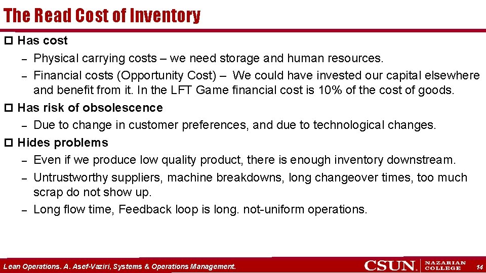 The Read Cost of Inventory p Has cost Physical carrying costs – we need