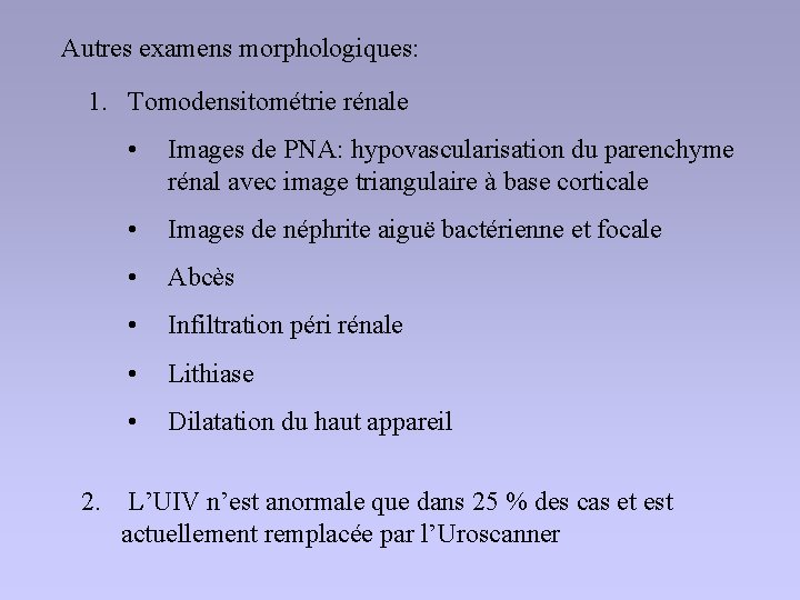 Autres examens morphologiques: 1. Tomodensitométrie rénale 2. • Images de PNA: hypovascularisation du parenchyme