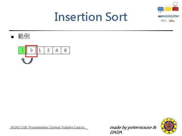 Insertion Sort l 範例 5 9 1 3 4 8 NCKU CSIE Programming Contest