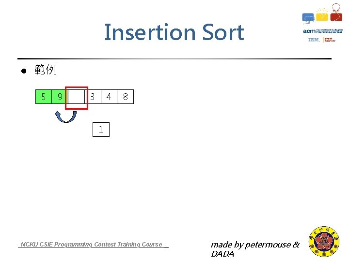 Insertion Sort l 範例 5 9 3 4 8 1 NCKU CSIE Programming Contest