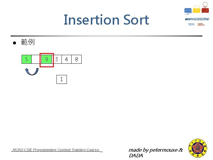 Insertion Sort l 範例 5 9 3 4 8 1 NCKU CSIE Programming Contest