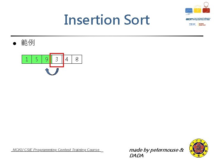 Insertion Sort l 範例 1 5 9 3 4 8 NCKU CSIE Programming Contest